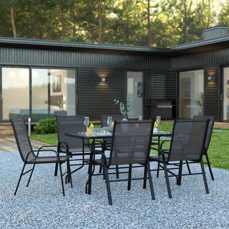 FLASH FURNITURE 7PC Patio Set-55" Glass Table, 6 Black Chairs TLH-089REC-303CBK6-GG